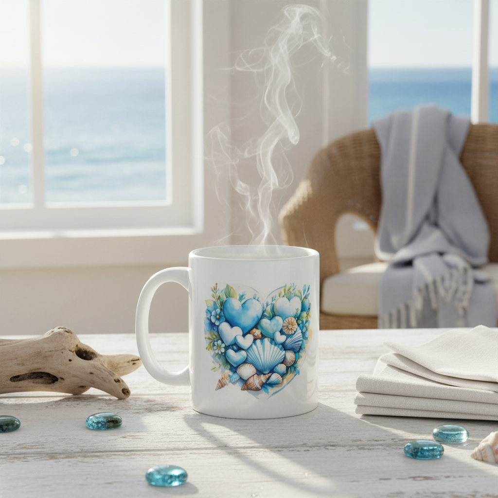 Coastal Hearts mug with blue hearts and seashells design in coastal living setting with ocean view and morning light
