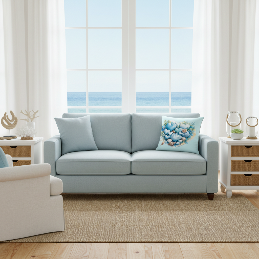 Coastal Hearts pillow in living room