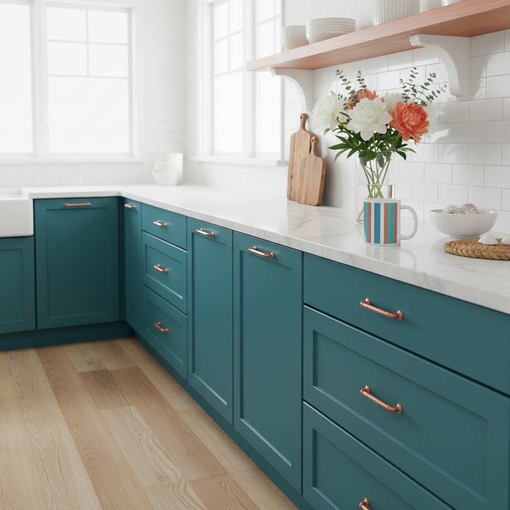 Coastal kitchen with turquoise cabinets and coral accents featuring bold striped mug - Mediterranean style and vibrant color palette for joyful living