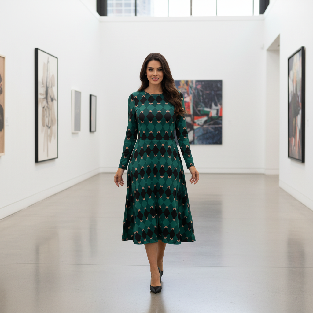 Confident long-haired woman in elegant emerald mosaic long sleeve midi dress with geometric diamond pattern and coral pink accents walking through elegant art gallery with white walls, natural daylight, positive radiant confident energy, refined elegant presence