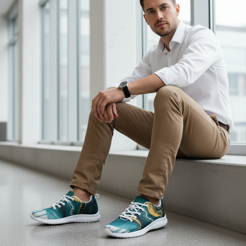 Confident man in casual outfit with teal abstract shoes on step bringing them into sharp focus