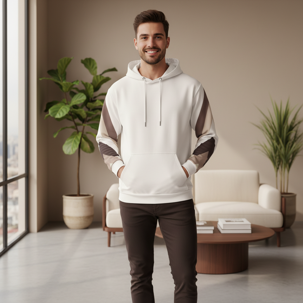 Confident man in geometric hoodie with dark brown pants