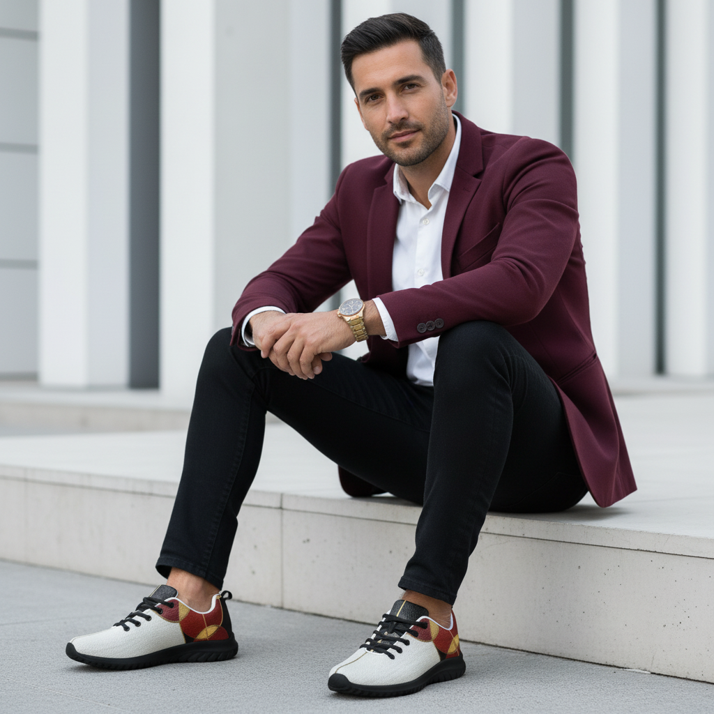 Confident man in white shirt and red blazer with geometric shoes on step in sharp focus