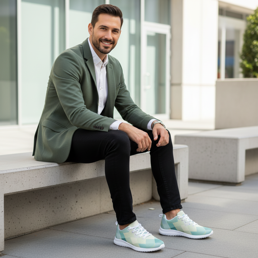 Confident man sitting with white shirt and mint blazer with geometric shoes prominent
