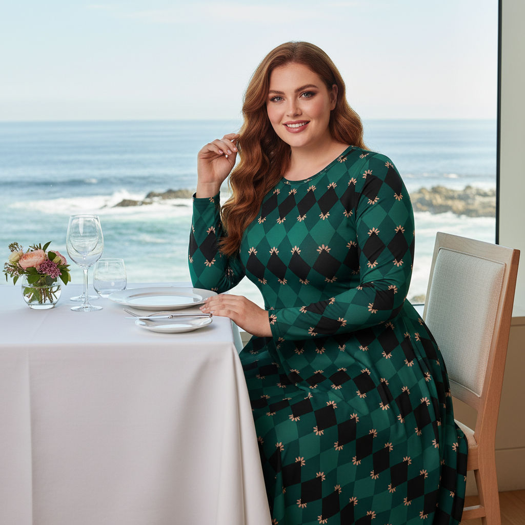 Confident plus-size curvy woman with long hair in elegant emerald mosaic long sleeve midi dress seated at elegant coastal restaurant with ocean view, sophisticated table setting, natural light, the dress beautifully showcasing her curves, positive radiant confident energy, powerful refined presence