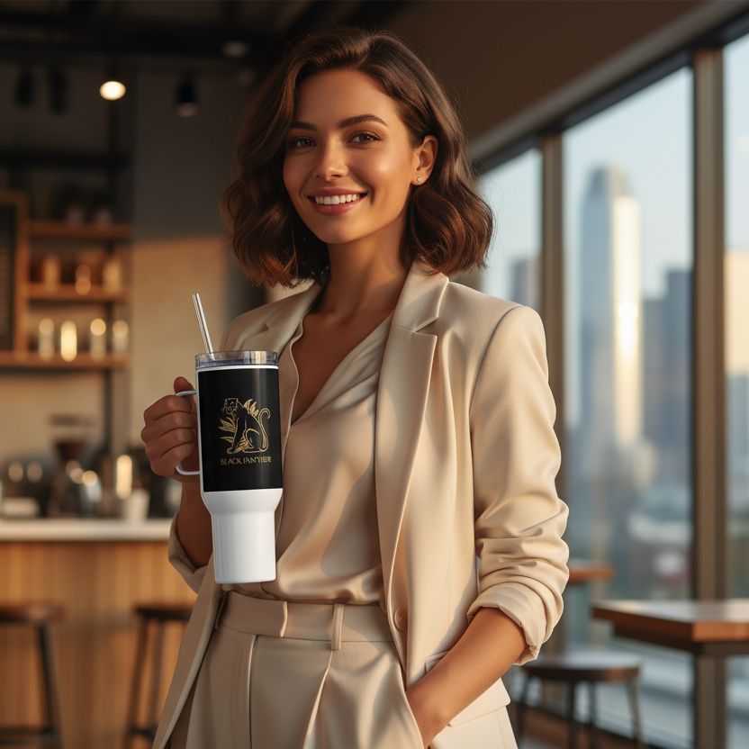 Confident woman holding white Black Panther travel mug in modern urban coffee shop radiating strength and positivity