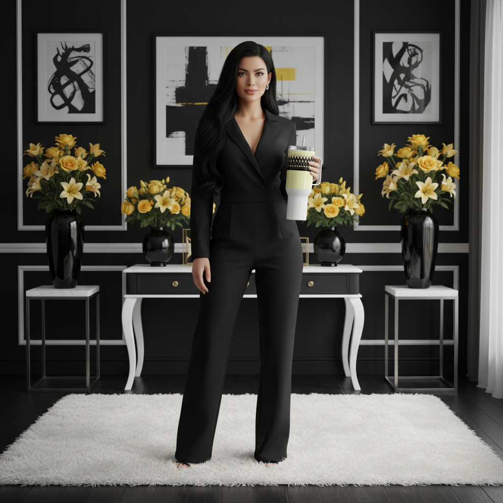 Confident woman holding yellow black geometric travel mug in black white yellow interior