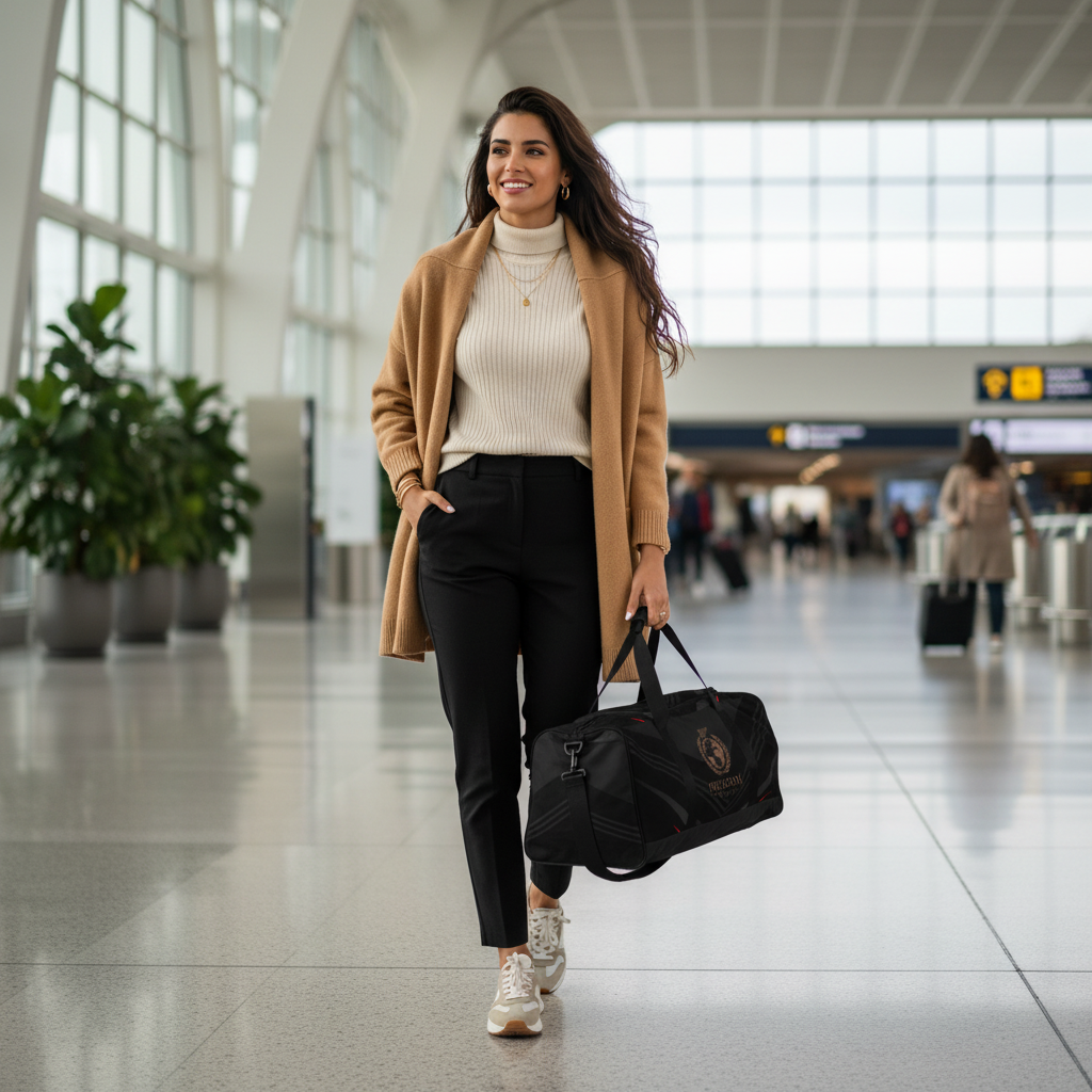Confident woman in black athleisure and camel cardigan with Freedom Travel duffle bag