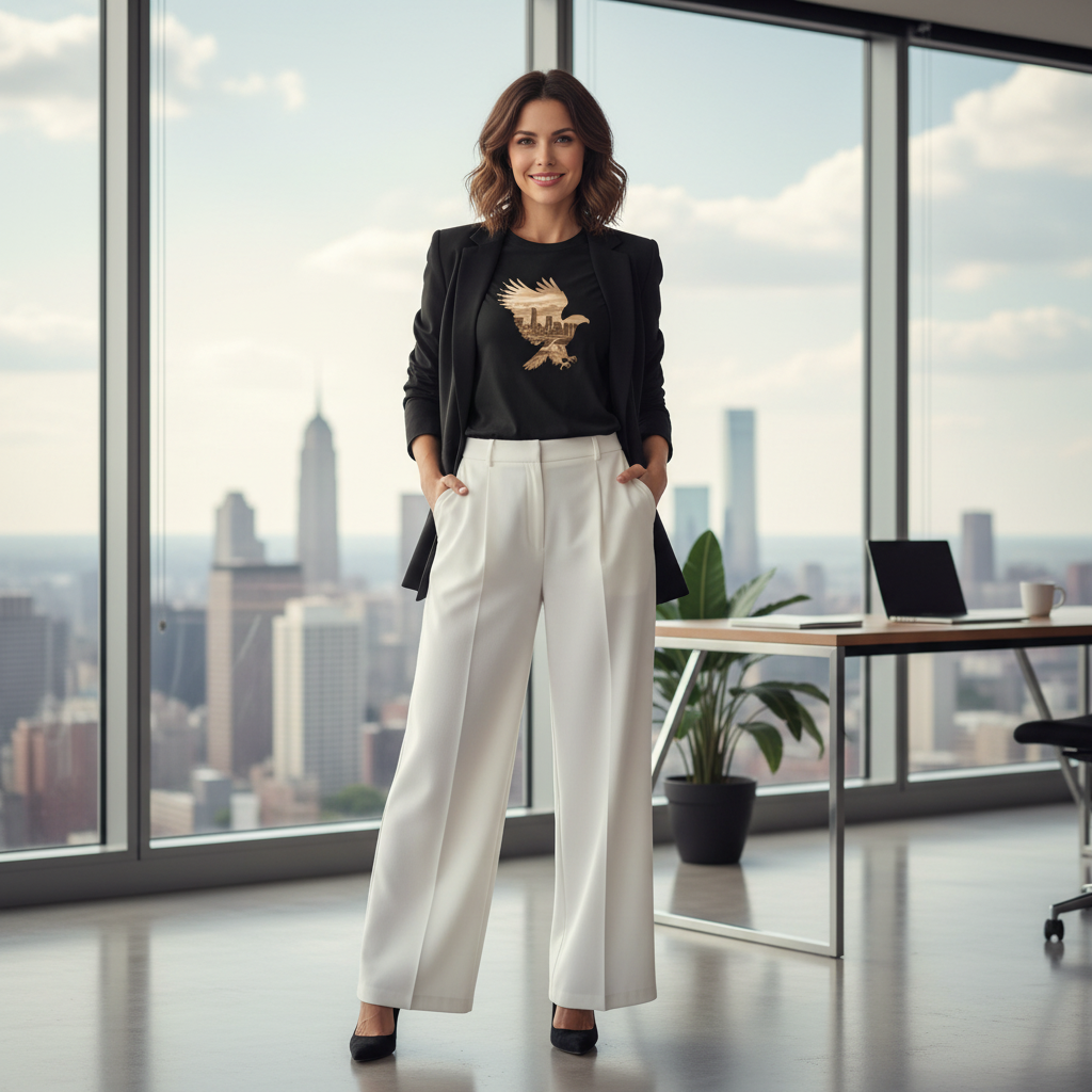 Confident woman in black eagle t-shirt with white trousers and blazer in modern office