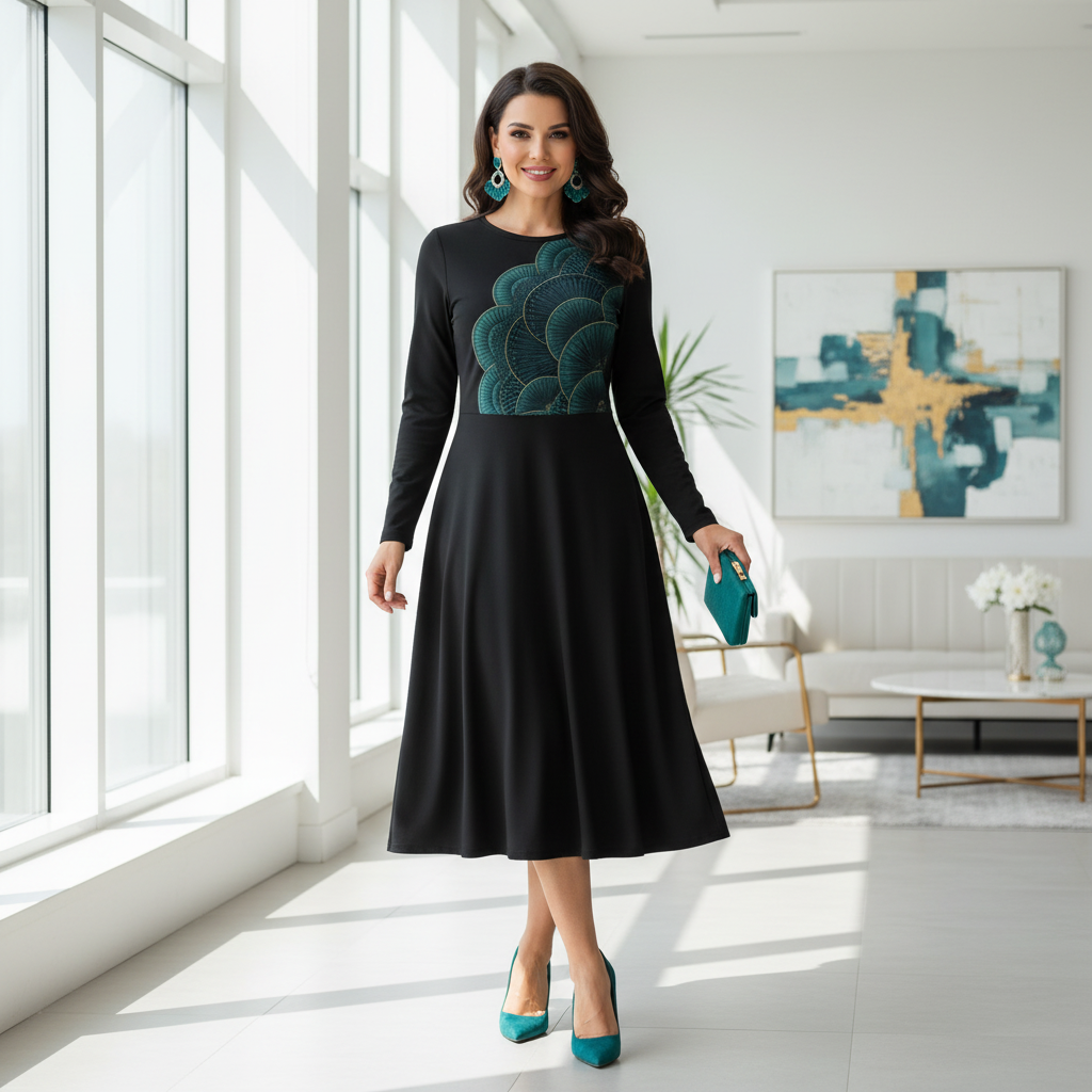 Confident woman in black midi dress with teal art deco pattern styled with teal statement earrings, teal clutch bag, elegant heels in modern interior