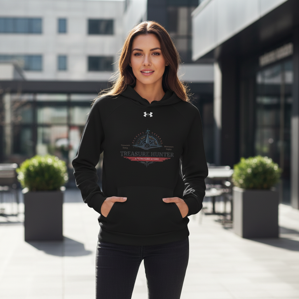 Confident woman in black treasure hunter hoodie with black jeans
