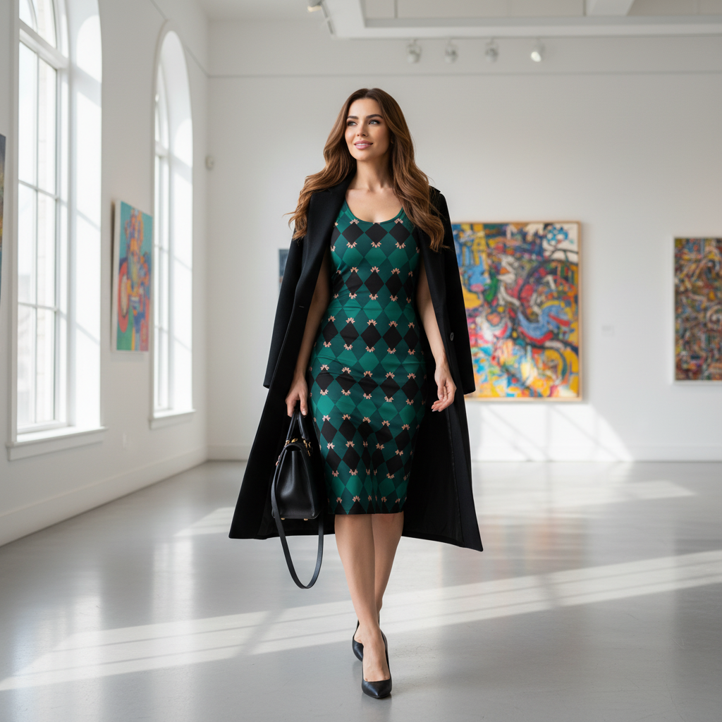 Confident woman in elegant emerald mosaic bodycon dress styled with black coat, black handbag and elegant black heels walking through elegant art gallery with white walls, natural daylight, complete outfit sophisticatedly coordinated, positive radiant confident energy