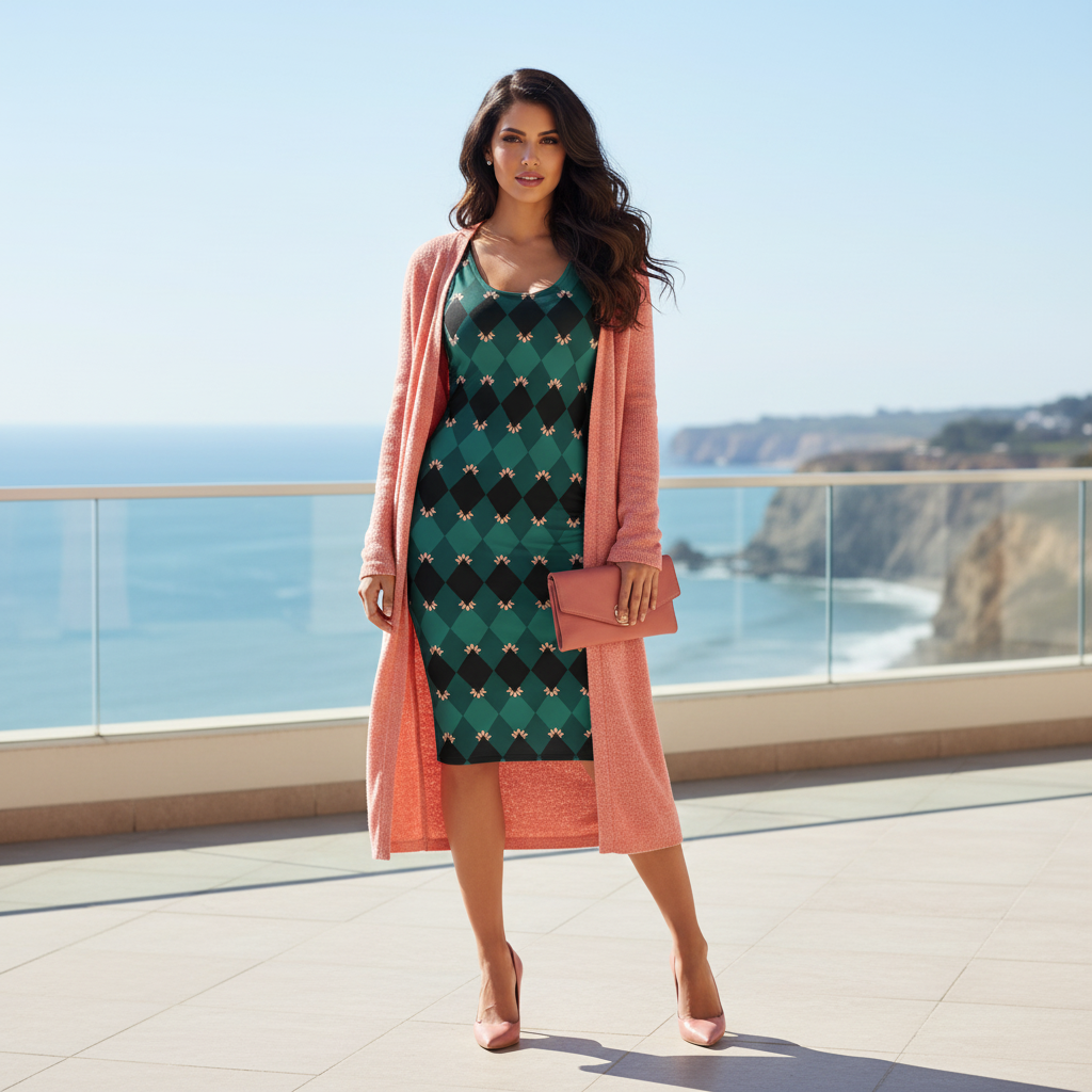 Confident woman in emerald mosaic bodycon dress styled with salmon pink cardigan, salmon pink clutch bag and salmon pink shoes on coastal terrace with ocean view, natural sunlight, complete outfit perfectly coordinated, positive self-assured energy