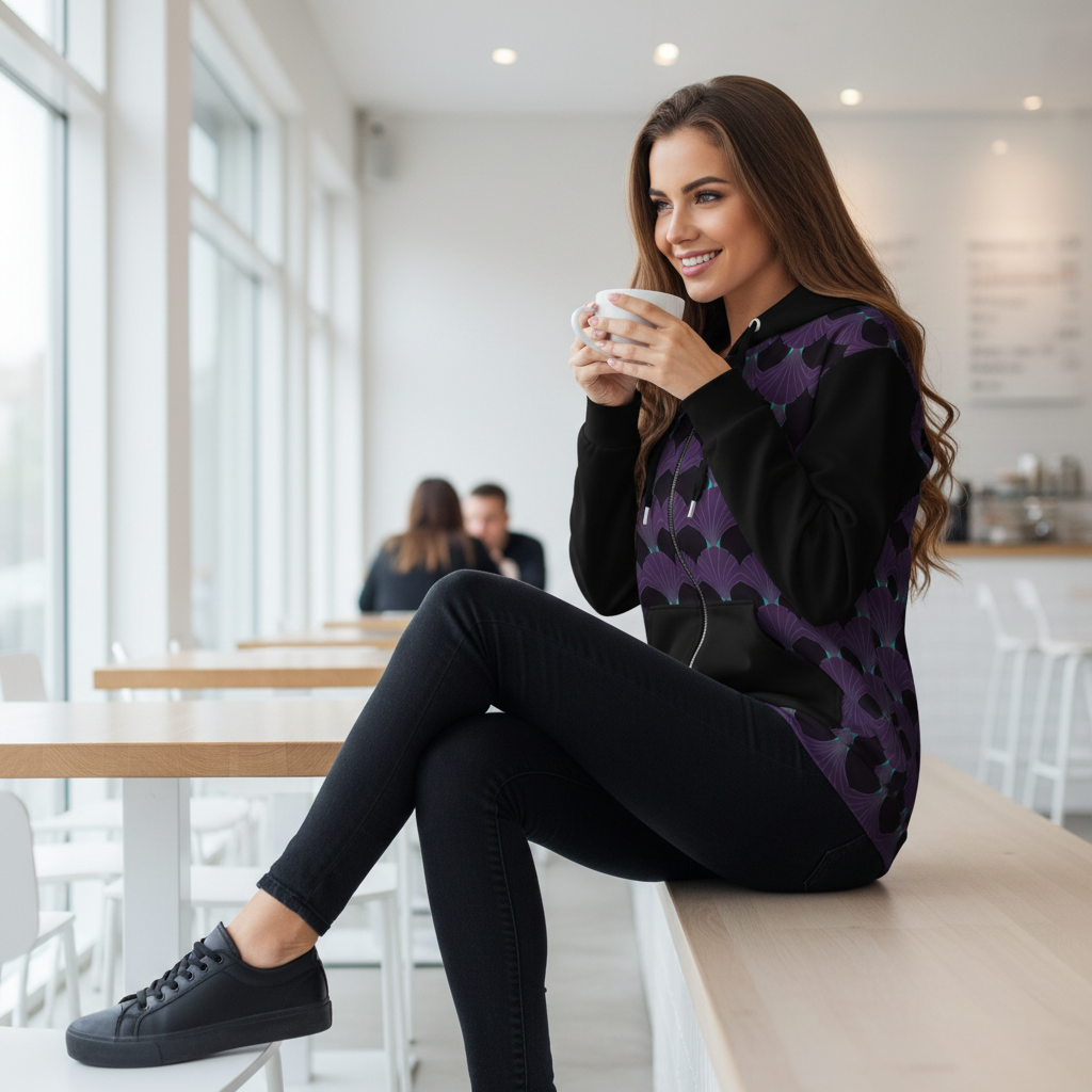 Confident woman in purple teal art deco hoodie with black jeans and black sneakers in bright cafe