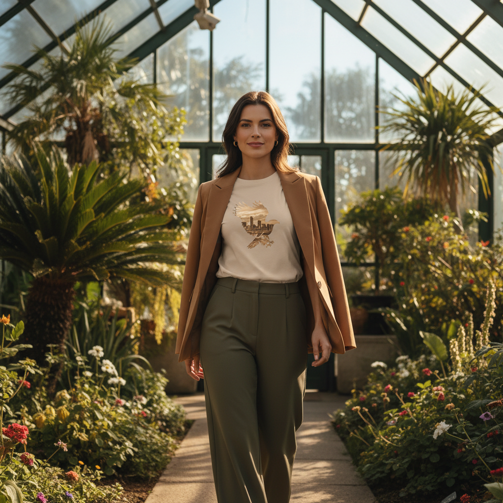 Confident woman in sand beige eagle t-shirt with olive pants and blazer