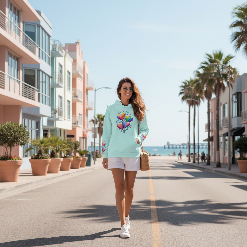 Confident woman in turquoise hearts hoodie walking through modern coastal city