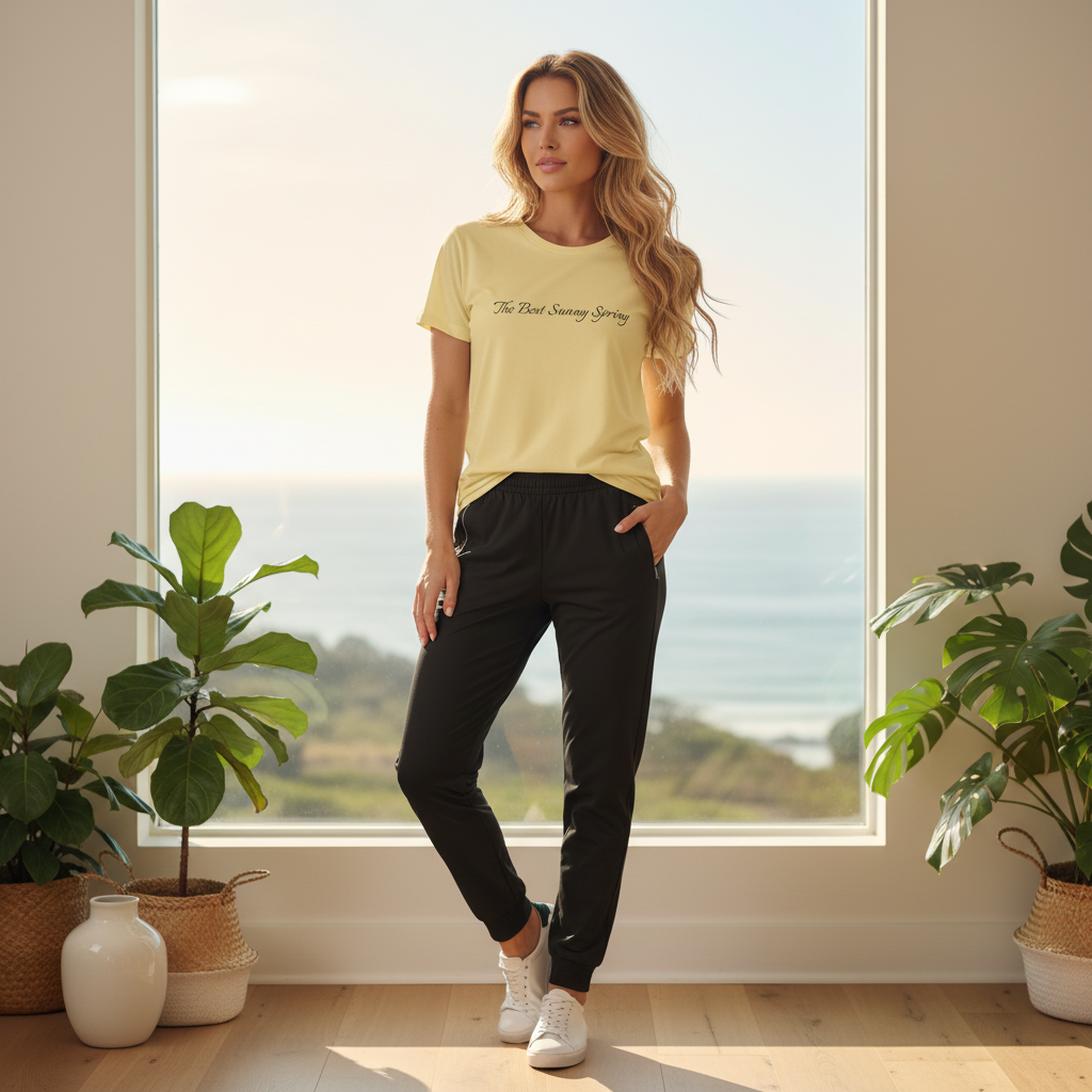 Confident woman wearing yellow t-shirt and black track pants by window in coastal home
