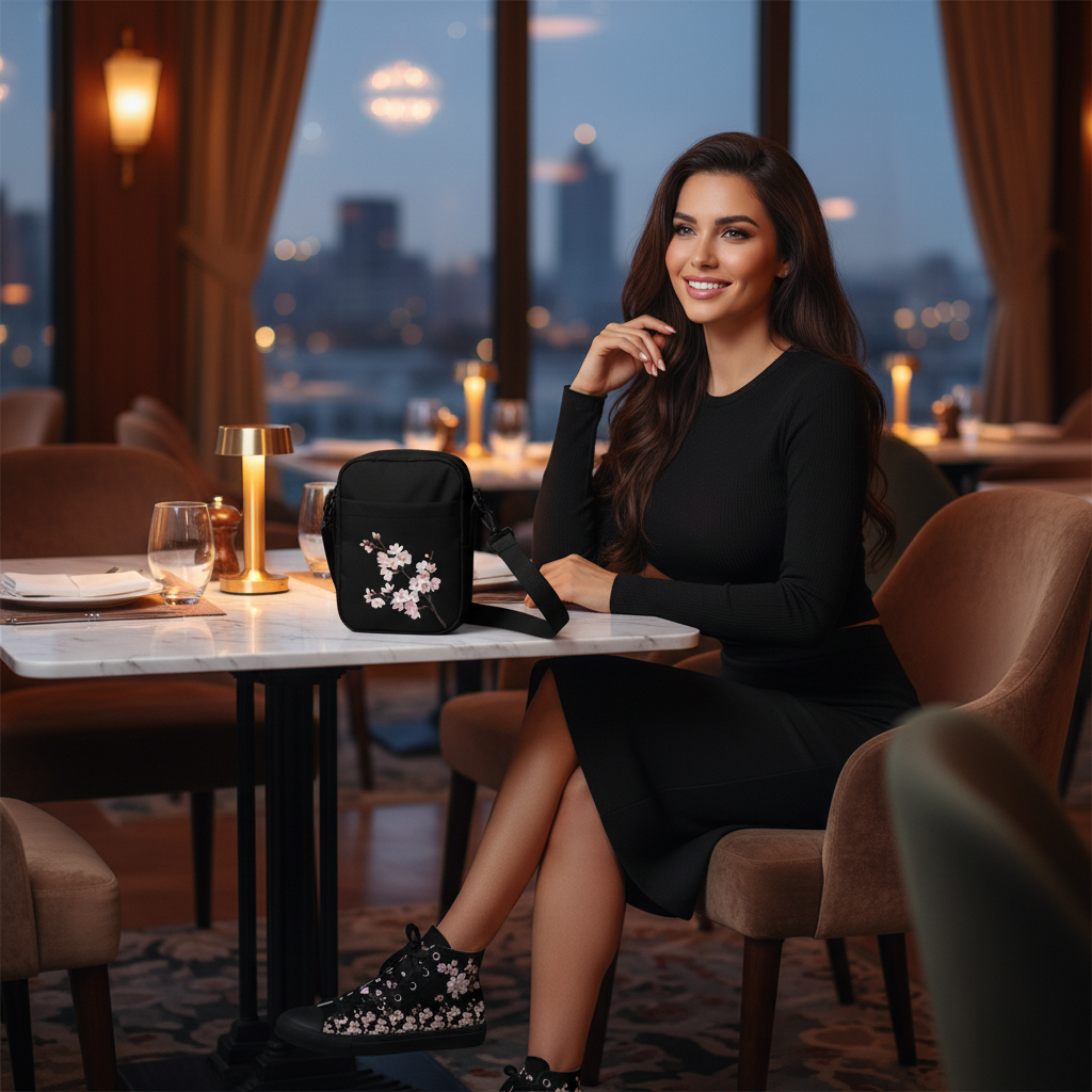 Confident woman with cherry blossom accessories at elegant restaurant
