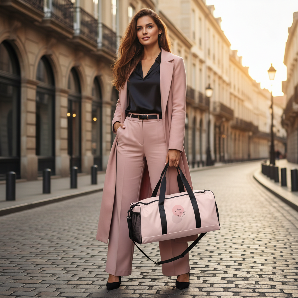Confident woman with flowing hair in pink wide-leg trousers and black silk blouse with delicate pink duffle