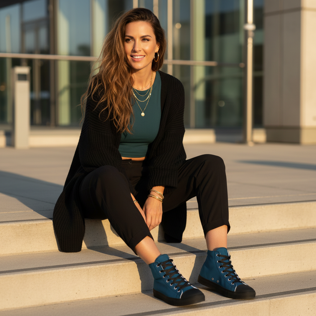 Confident woman with long hair in black joggers teal crop top with teal high-tops