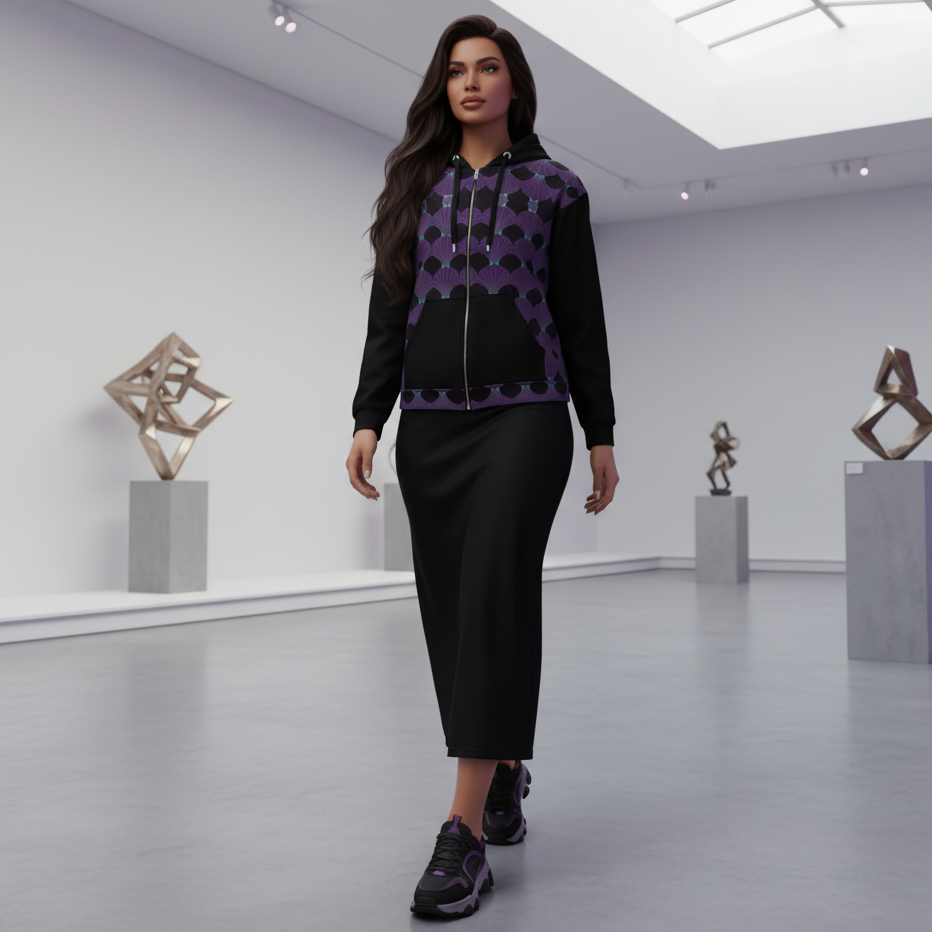 Confident woman with long hair in purple art deco hoodie and long athletic skirt in modern art gallery
