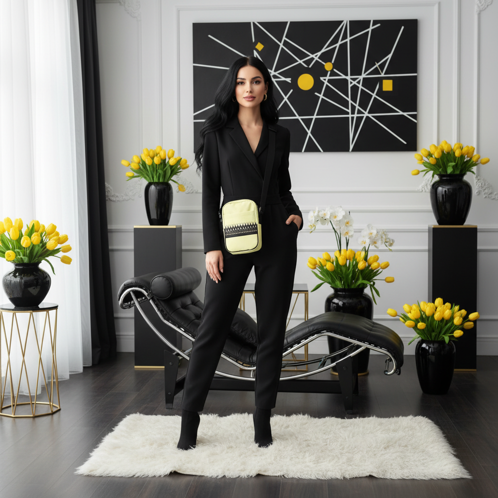 Confident woman with yellow black geometric crossbody bag in black white yellow interior