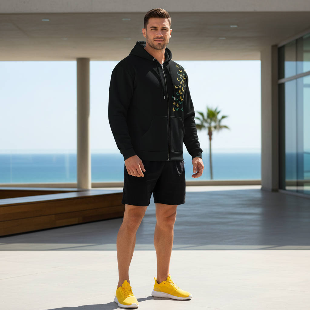 Confident young man wearing butterfly print hoodie with black athletic shorts and yellow sneakers