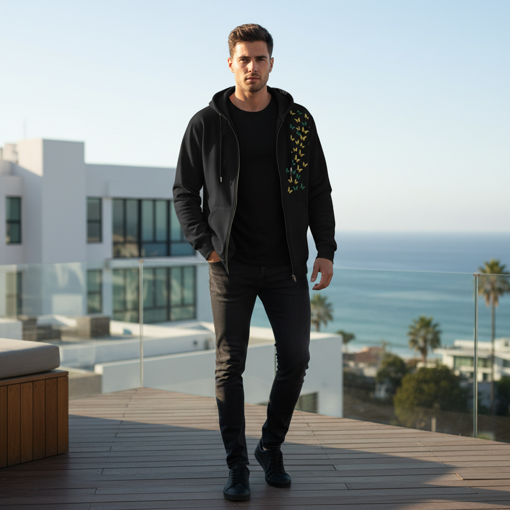 Confident young man wearing unzipped butterfly print hoodie over black t-shirt with dark jeans and black sneakers