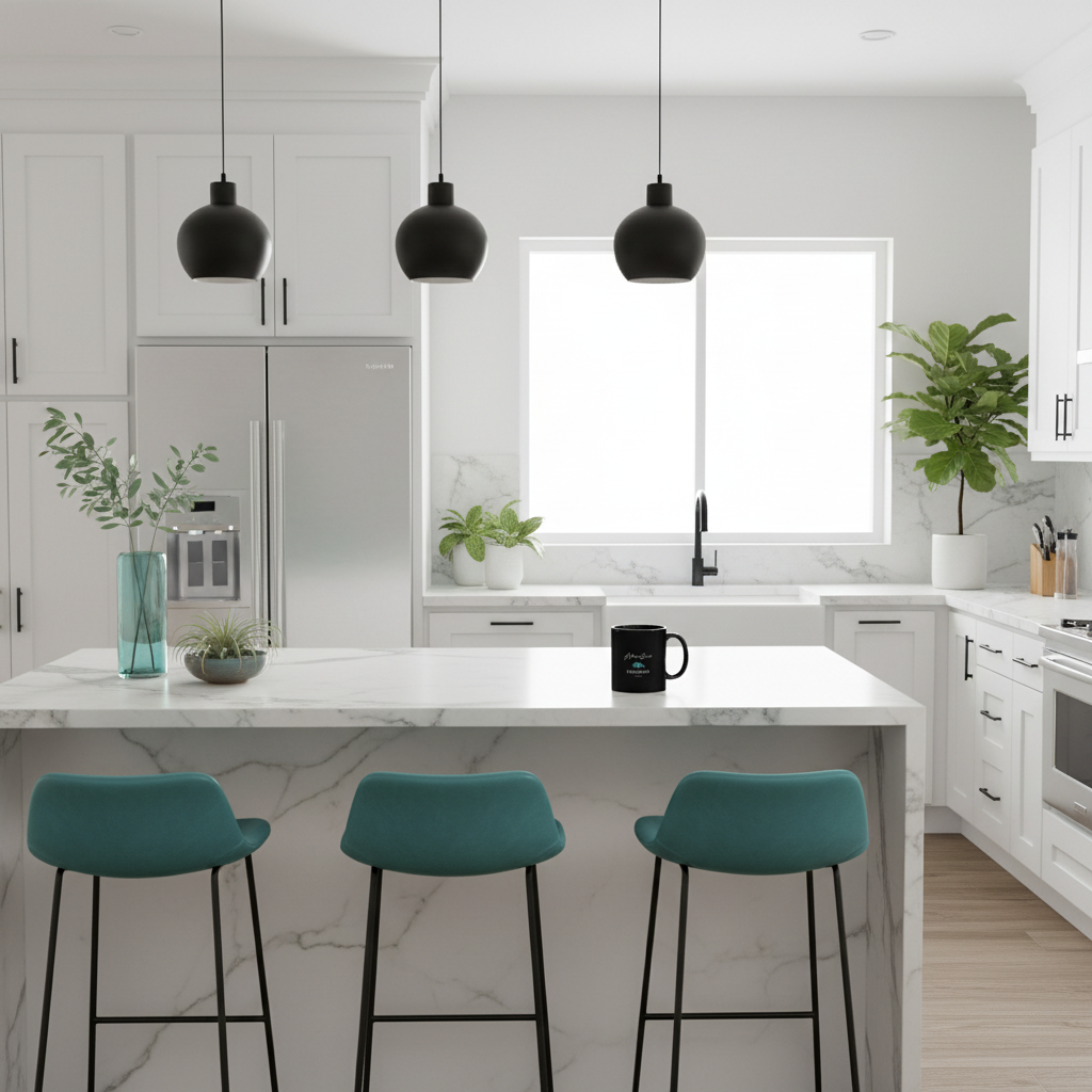 Contemporary kitchen with white marble and teal bar stools with Adventure Freedom Travel mug