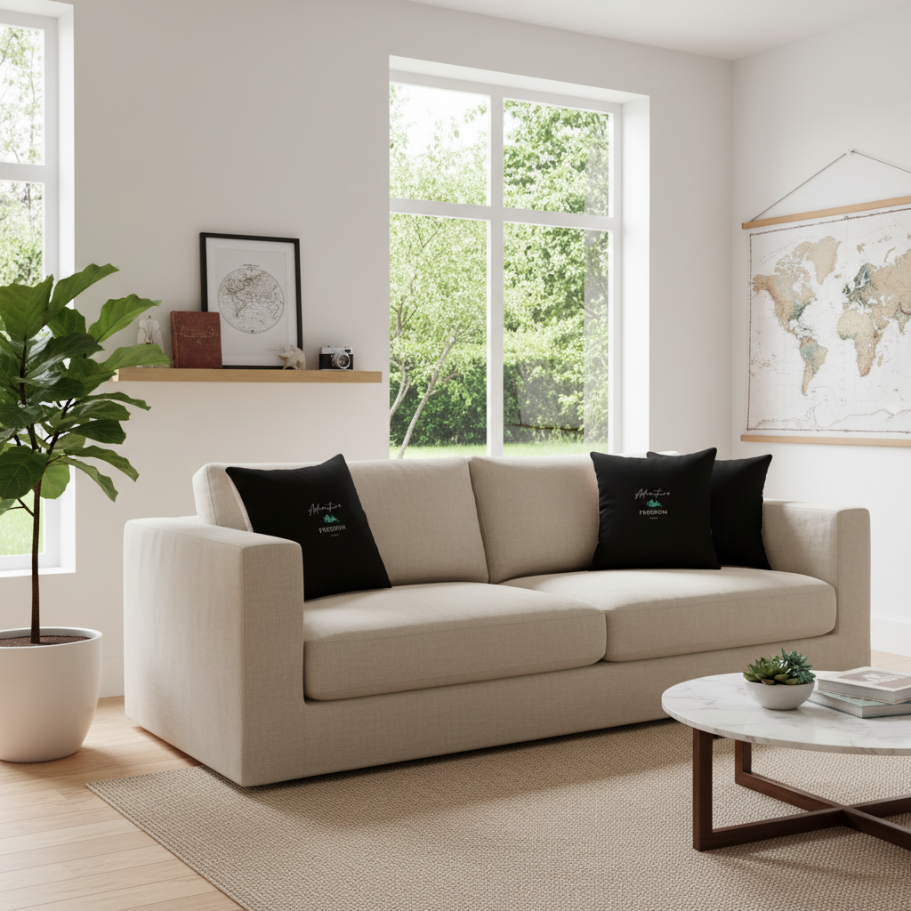 Contemporary living room with beige sofa and square Adventure Freedom Travel pillows