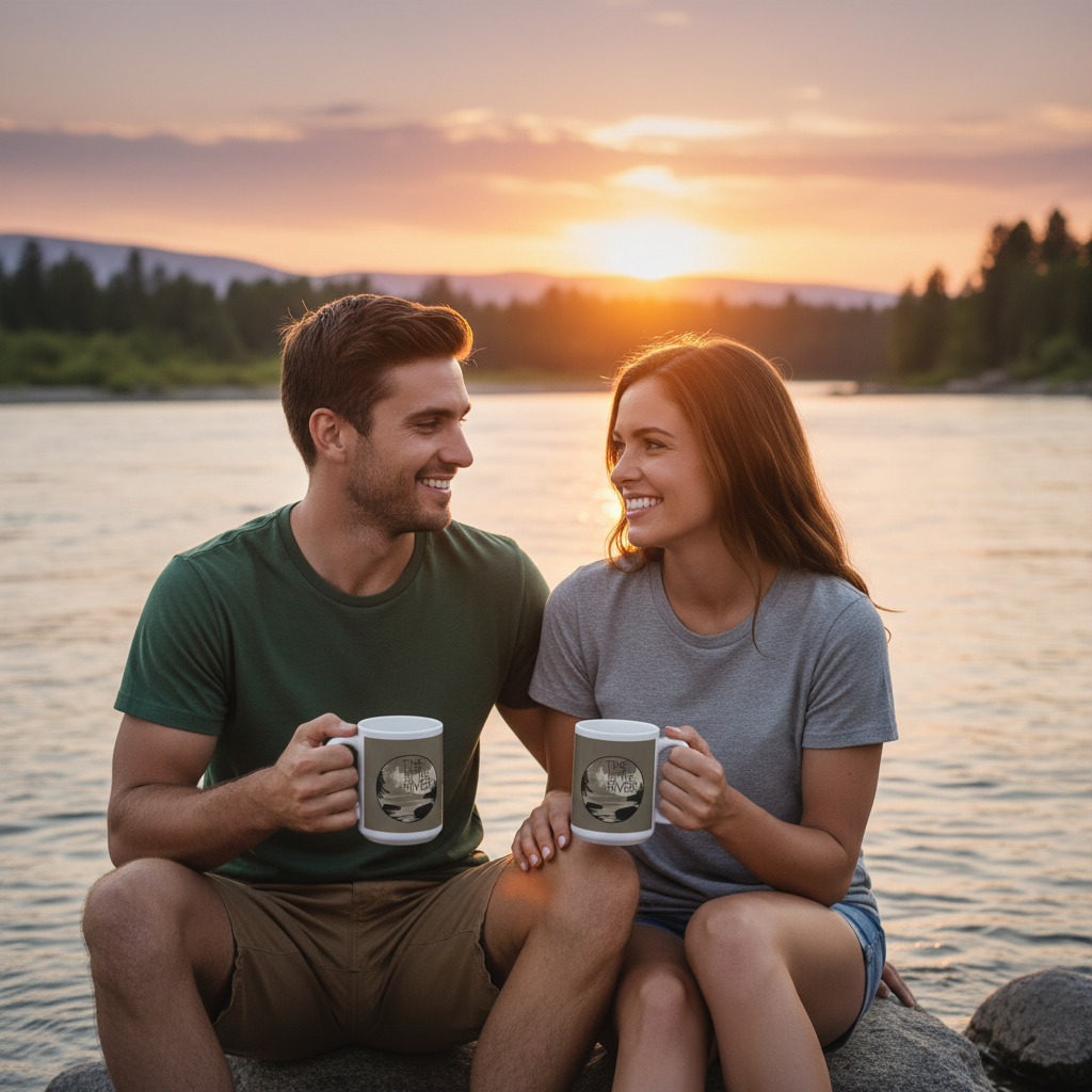 Couple holding white Time by the River ceramic mugs by river at sunset