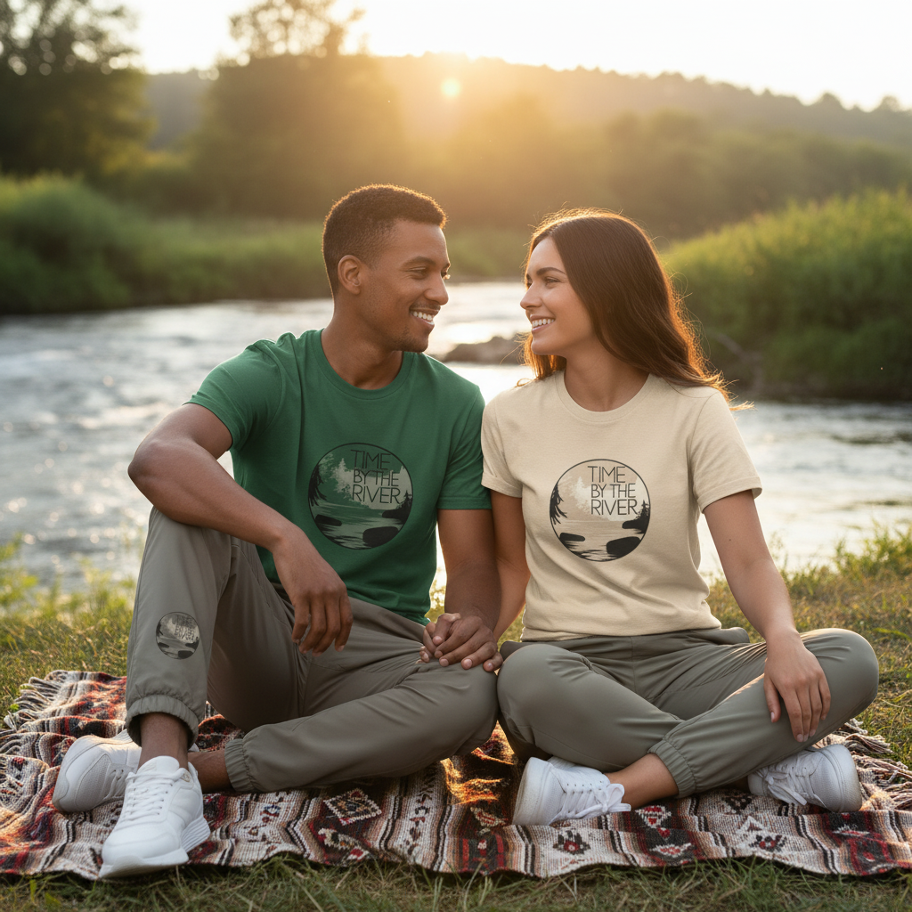 Couple in forest green and natural Time by the River t-shirts with matching track pants showing design on lower legs by river at sunset