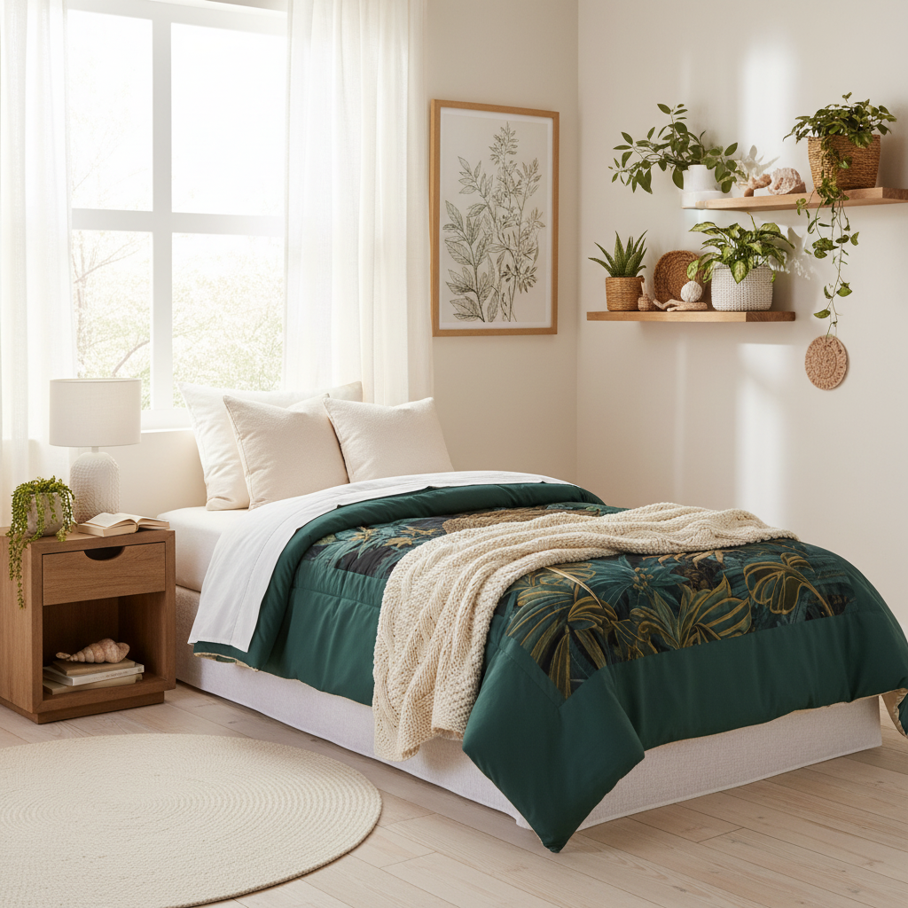 Cozy Australian bedroom featuring dark green kiwi bird botanical comforter with natural wood furniture and plants