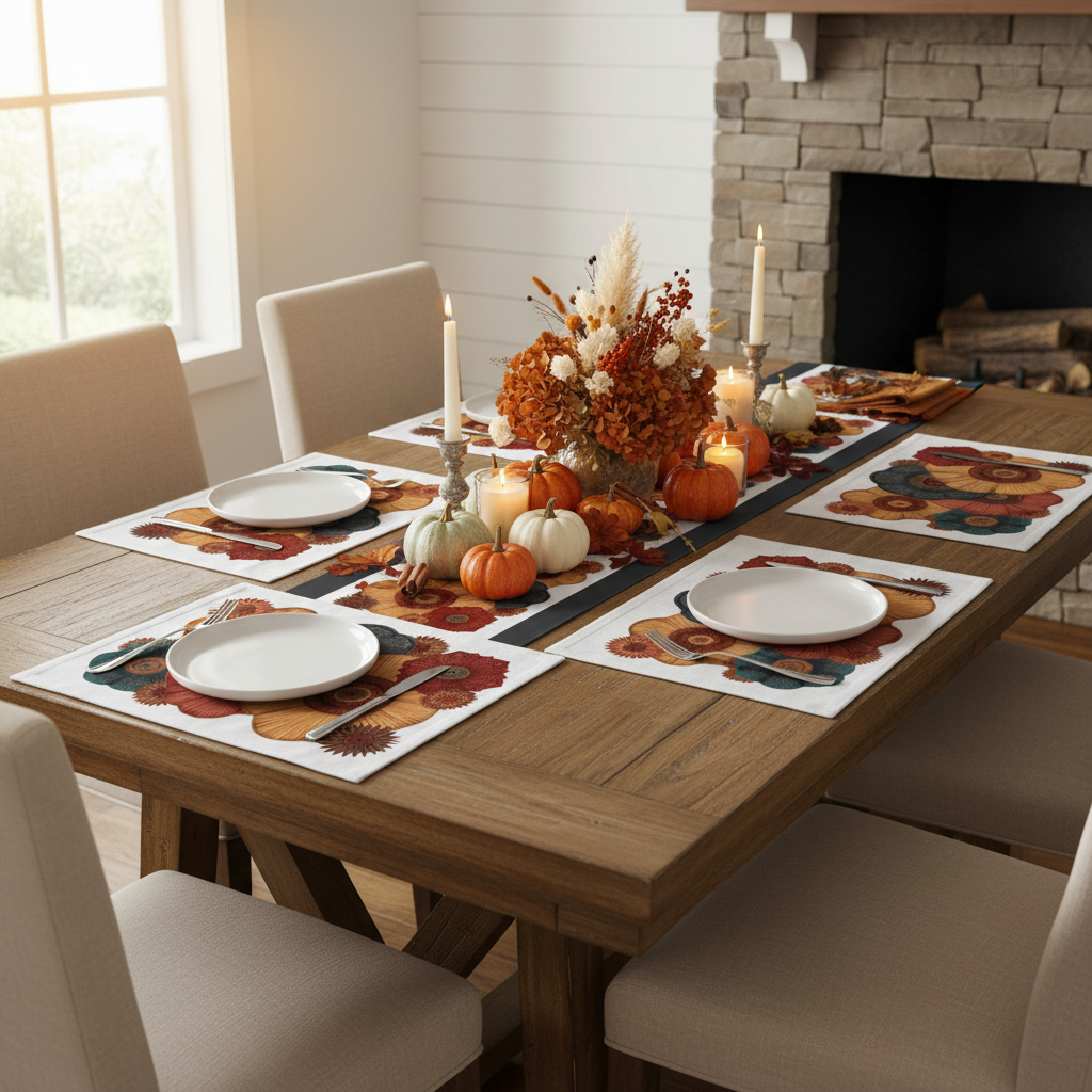 Cozy autumn dining with pumpkins and candles