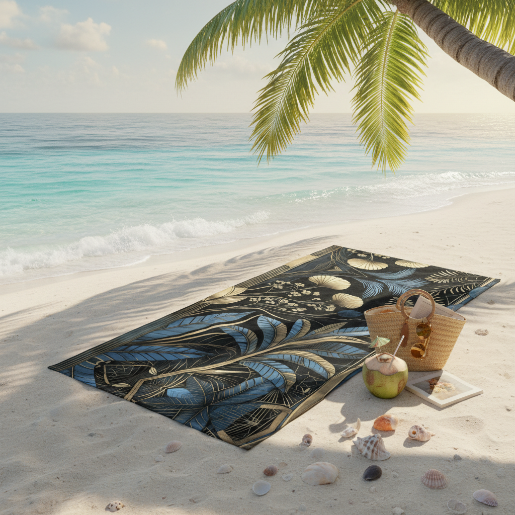 Cozy beach scene with Art Deco towel on white sand