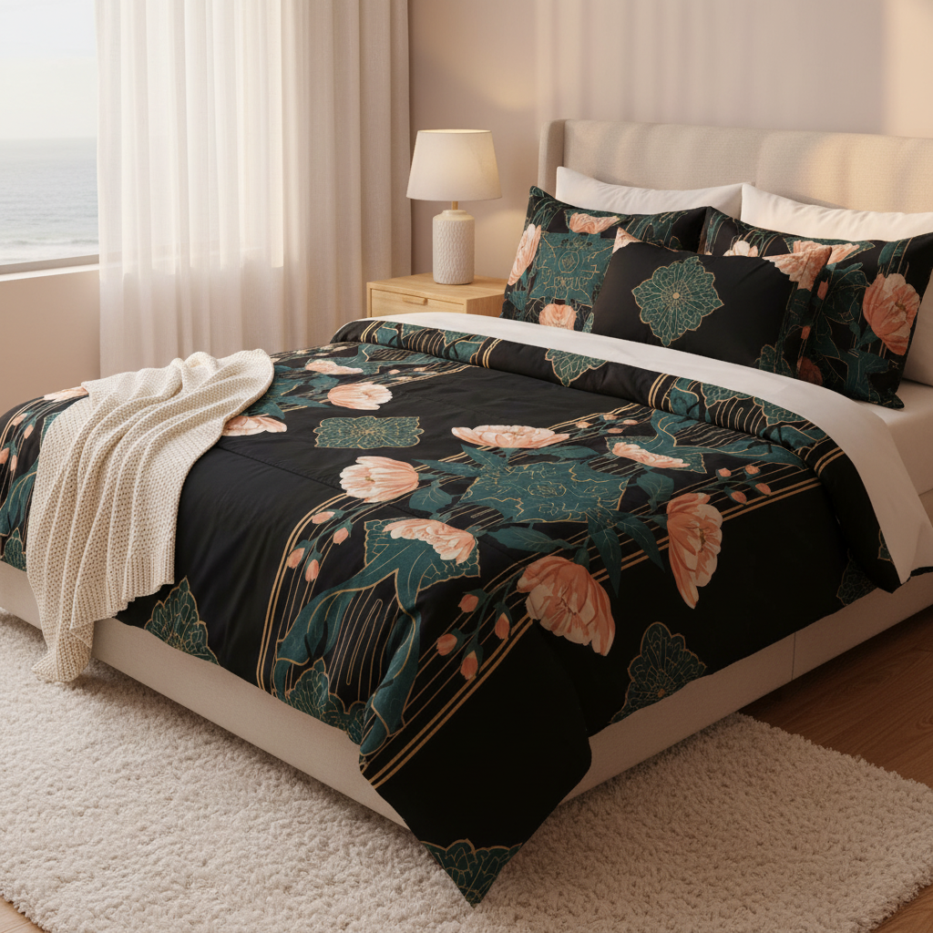 Cozy bedroom from above with black comforter featuring peach peonies teal leaves gold geometric design