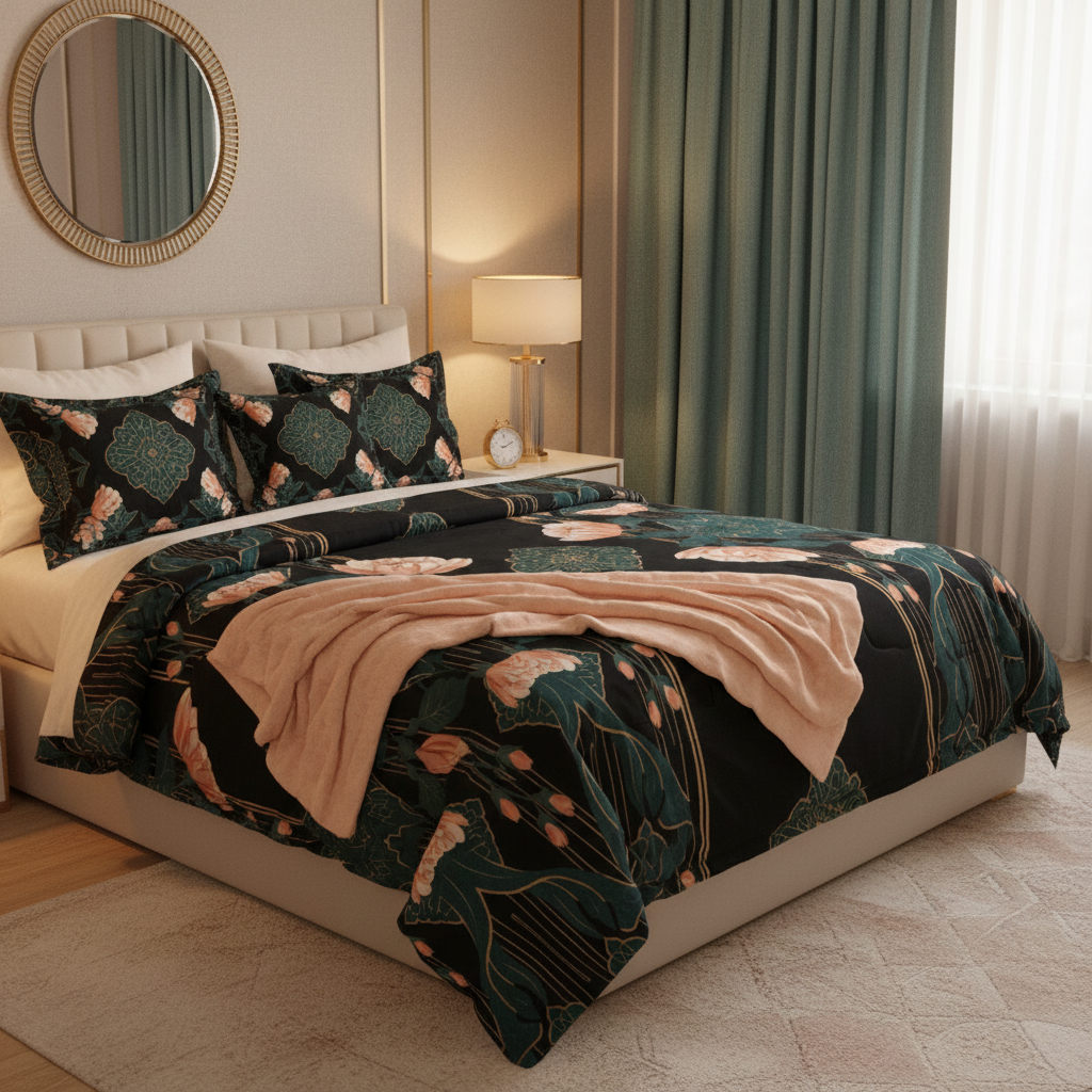 Cozy bedroom from above with black peach teal gold floral comforter design visible