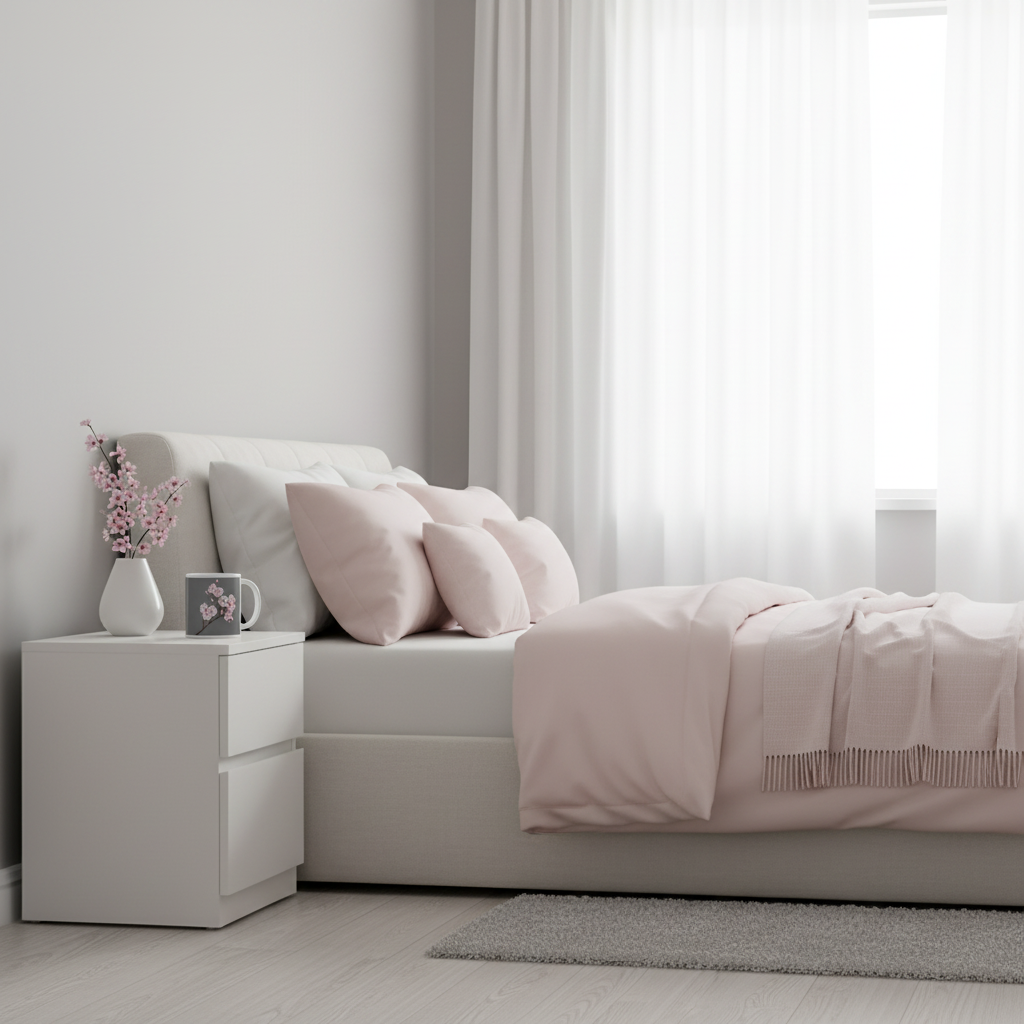 Cozy bedroom with cherry blossom mug