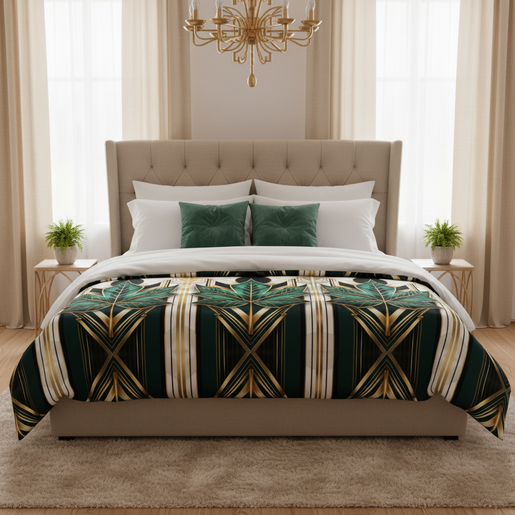 Cozy beige bedroom with art deco comforter