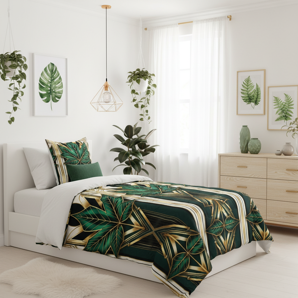 Cozy bright bedroom with twin bed and plants