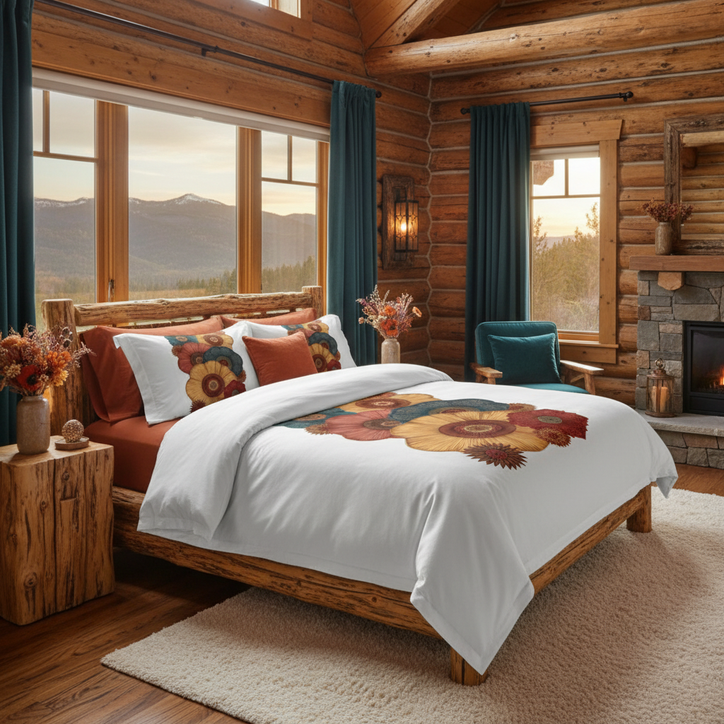 Cozy cabin master bedroom with king duvet