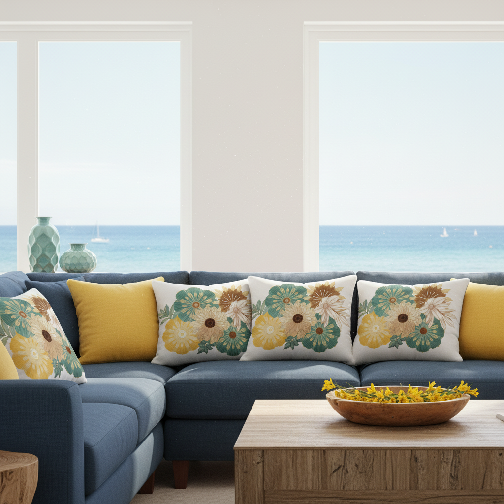Cozy coastal living room with floral pillows on blue sofa