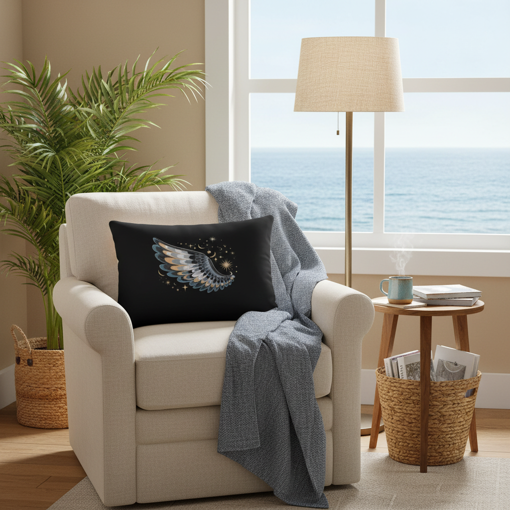 Cozy coastal reading corner with lumbar wing pillow square