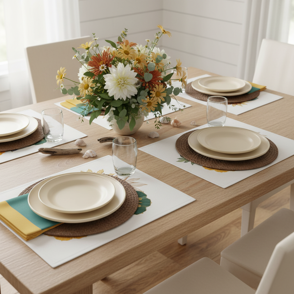 Cozy coastal table setting with four floral placemats