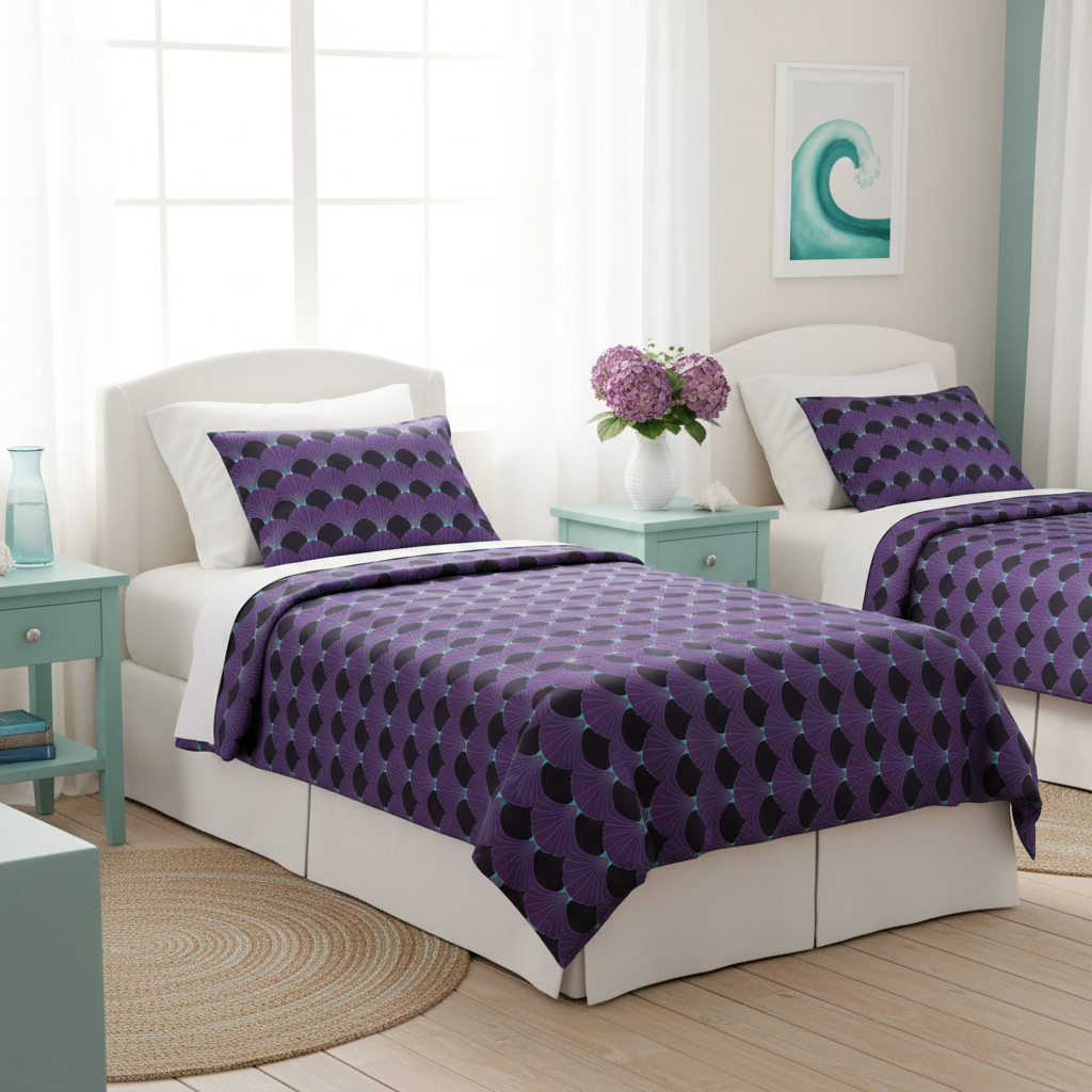 Cozy coastal twin bedroom with art deco bedding