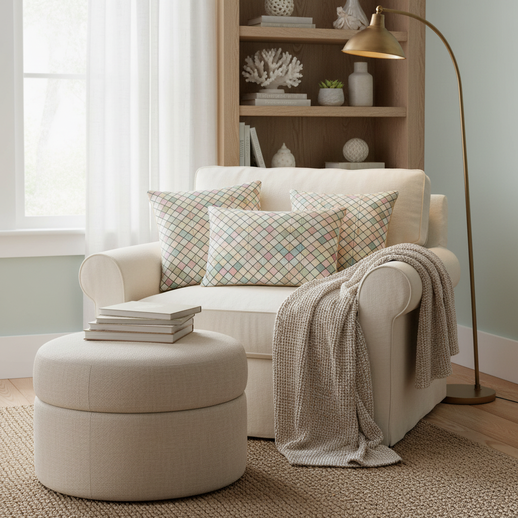 Cozy living room reading nook with colorful squares pattern decorative pillows