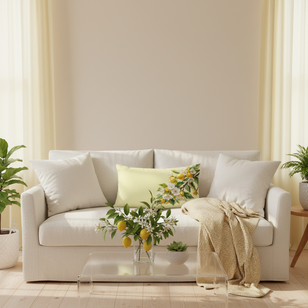 Cozy living room with lemon pillow and citrus branches in glass vase
