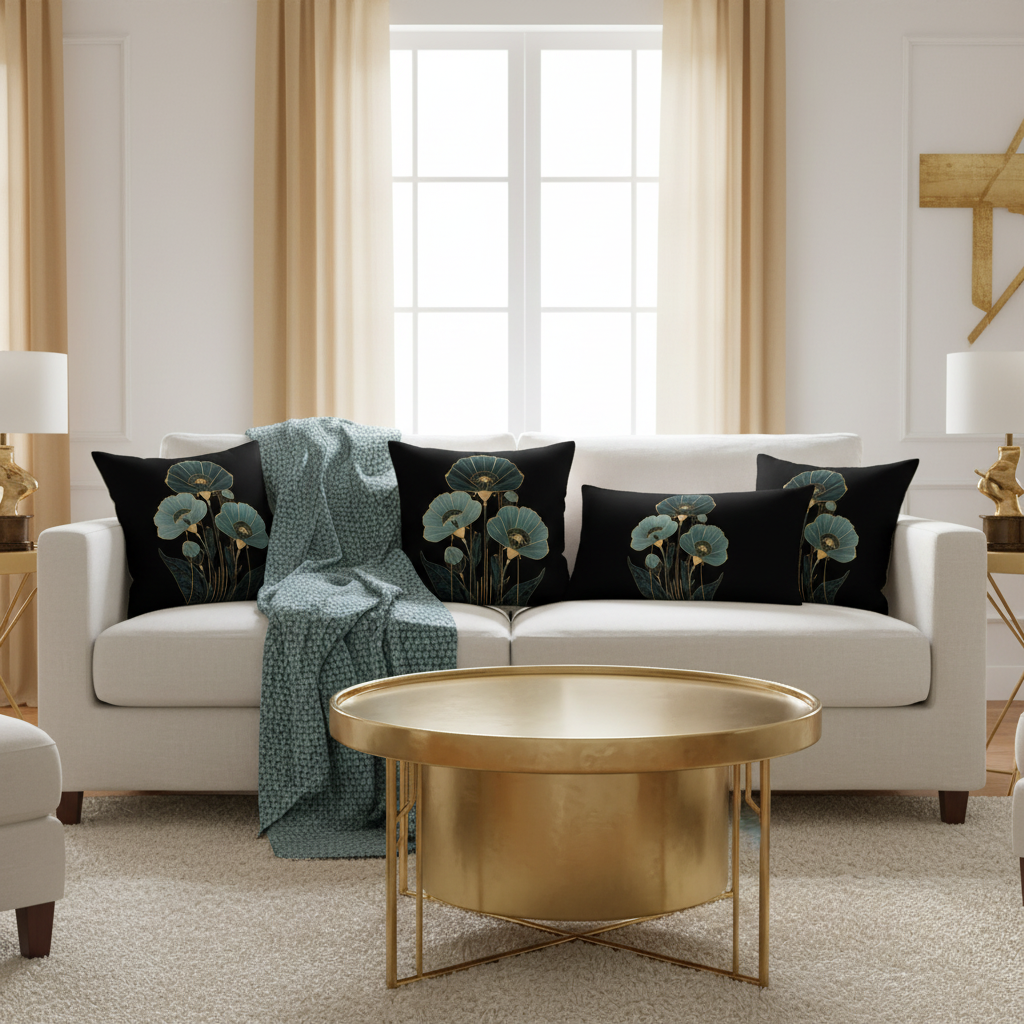 Cozy living room with white sofa and black teal gold floral decorative pillows