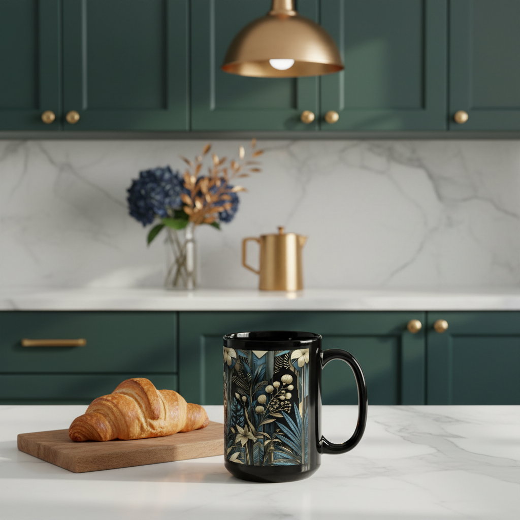 Cozy morning kitchen scene with midnight botanical mug on marble counter