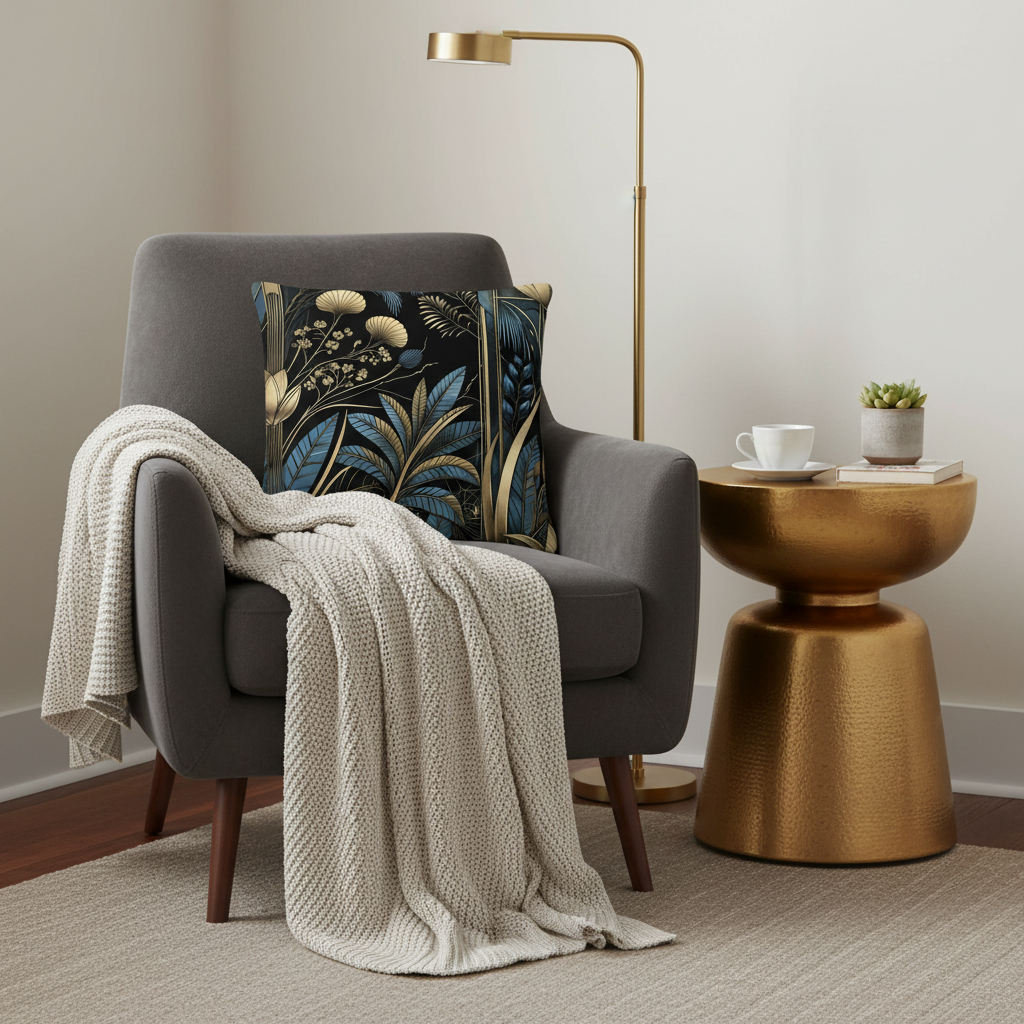 Cozy reading nook with Art Deco pillow on gray velvet armchair